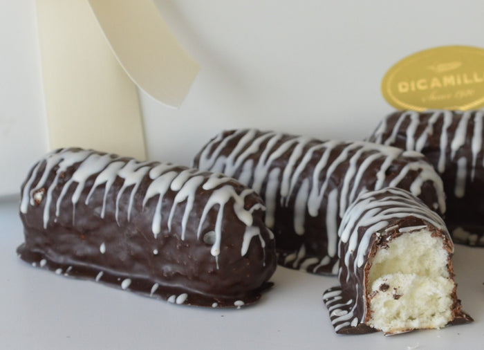 CHOCOLATE COVERED ANGEL FOOD  FINGER CAKES WITH WHITE DRIZZLE